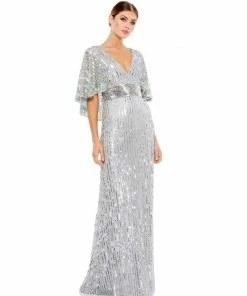 Mac Duggal Sequined V Neck Floral Embellished Cape Sleeve Gown Shop For