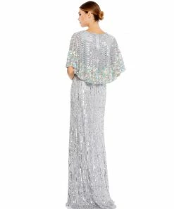 Mac Duggal Sequined V Neck Floral Embellished Cape Sleeve Gown Shop For