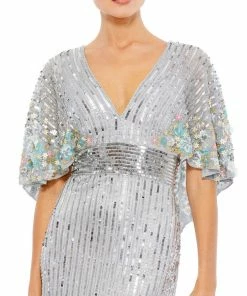 Mac Duggal Sequined V Neck Floral Embellished Cape Sleeve Gown Shop For