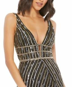 Mac Duggal Shop For Metallic Embellished Plunge Neck Open Back Gown