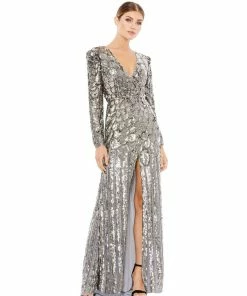 Mac Duggal Bridesmaid Dresses Metallic Sequined Long Sleeve Gown