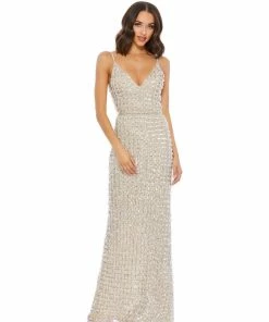 Mac Duggal Shop For Geometric Embellished Crystal Drop V-Neck Gown