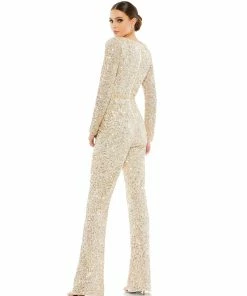 Mac Duggal Sequined Long Sleeve Illusion Plunge Neck Jumpsuit