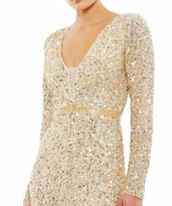 Mac Duggal Sequined Long Sleeve Illusion Plunge Neck Jumpsuit