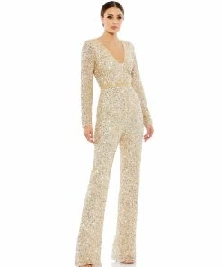 Mac Duggal Sequined Long Sleeve Illusion Plunge Neck Jumpsuit