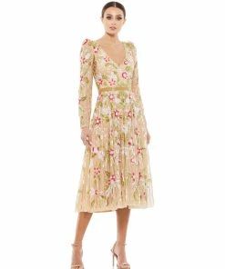Mac Duggal Shop For Long Sleeve Floral Beaded Midi Dress