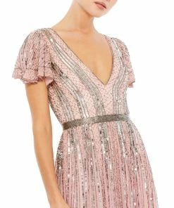 Mac Duggal Stripe Sequin V-Neck Gown Shop For