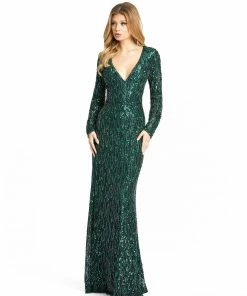 Mac Duggal Long Sleeve Beaded V-Neck Gown