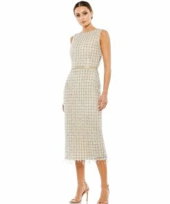 Mac Duggal Shop For Embellished Fringed Midi Sheath Dress