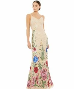 Mac Duggal Floral Embellished Spaghetti Strap Gown
