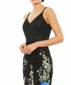 Mac Duggal Floral Embellished Spaghetti Strap Gown