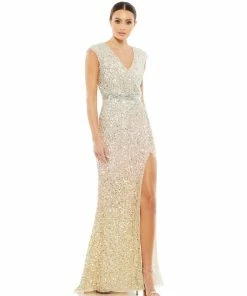 Mac Duggal Shop For Cap Sleeve Sequined High Slit Gown