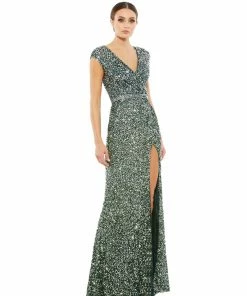 Mac Duggal Shop For Cap Sleeve Sequined High Slit Gown