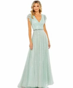 Mac Duggal Sequined Wrap Over Ruffled Cap Sleeve Gown Shop For