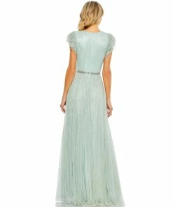 Mac Duggal Sequined Wrap Over Ruffled Cap Sleeve Gown Shop For