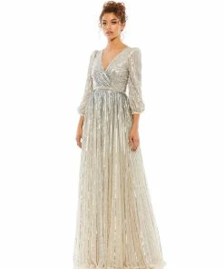 Mac Duggal Sequined Elbow Sleeve Surplice Gown Shop For