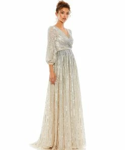 Mac Duggal Sequined Elbow Sleeve Surplice Gown Shop For