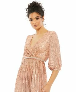 Mac Duggal Sequined Elbow Sleeve Surplice Gown Shop For