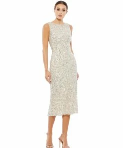 Mac Duggal Sleeveless Sequined Midi Sheath Dress