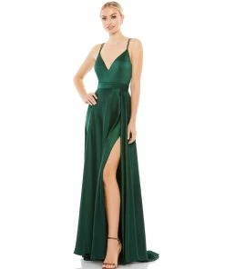 Ieena For Mac Duggal Satin Strappy-Back High Slit Gown