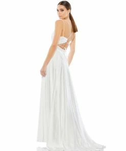 Ieena For Mac Duggal Satin Strappy-Back High Slit Gown