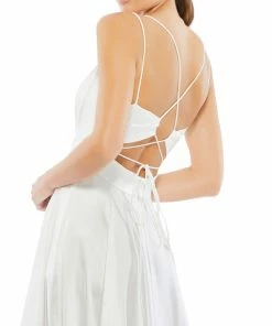 Ieena For Mac Duggal Satin Strappy-Back High Slit Gown