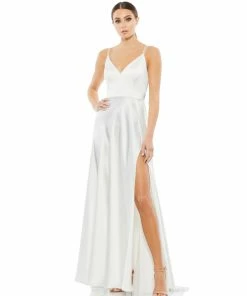 Ieena For Mac Duggal Satin Strappy-Back High Slit Gown