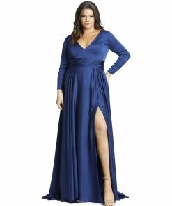 Mac Duggal Classic Satin Long Sleeve Evening Gown (Plus)