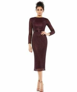 Mac Duggal Long Sleeve Lattice Beaded Midi Cocktail Dress