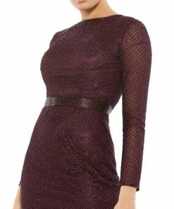 Mac Duggal Long Sleeve Lattice Beaded Midi Cocktail Dress