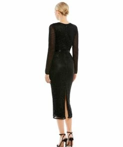 Mac Duggal Long Sleeve Lattice Beaded Midi Cocktail Dress