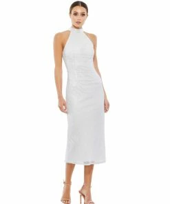 Mac Duggal Beaded High Neck Halter Midi Cocktail Dress Shop For