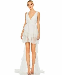 Ieena For Mac Duggal Shop For Plunge Neck Ruffled Hi-Low Chiffon Gown