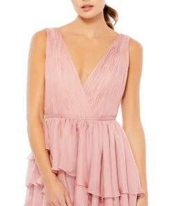 Ieena For Mac Duggal Shop For Plunge Neck Ruffled Hi-Low Chiffon Gown