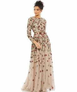 Mac Duggal Shop For Floral Appliqué Long Sleeve Illusion Gown