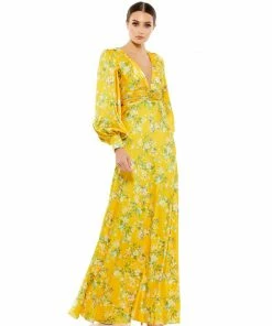Ieena For Mac Duggal Floral Bishop Long Sleeve V Neck Gown Shop For