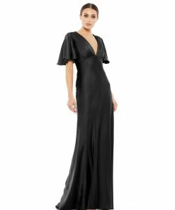Ieena For Mac Duggal Flounce V-Neck Charmeuse Gown