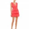 Ieena For Mac Duggal Pleated V Neck Tiered Ruffle Mini Dress