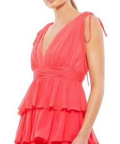 Ieena For Mac Duggal Pleated V Neck Tiered Ruffle Mini Dress