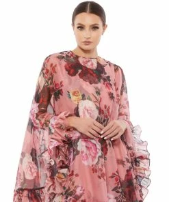 Ieena For Mac Duggal Floral Print Ruffle Cape Mini Dress