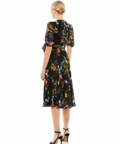 Ieena For Mac Duggal Floral Pattern High Neck Belted Midi Dress Shop For