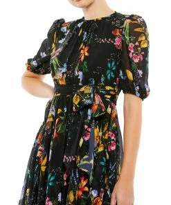 Ieena For Mac Duggal Floral Pattern High Neck Belted Midi Dress Shop For