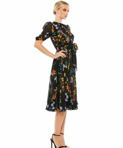 Ieena For Mac Duggal Floral Pattern High Neck Belted Midi Dress Shop For