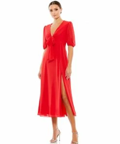 Ieena For Mac Duggal V Neck Bow Detail Flowy Midi Dress Shop For