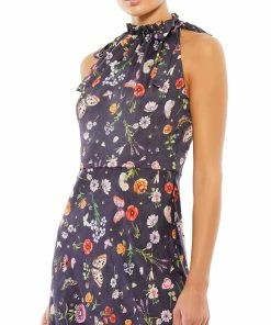 Ieena For Mac Duggal Floral Print Tie Neck Midi Dress Wedding Guest