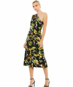 Ieena For Mac Duggal Floral Print Draped One Shoulder Midi Dress