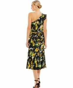 Ieena For Mac Duggal Floral Print Draped One Shoulder Midi Dress