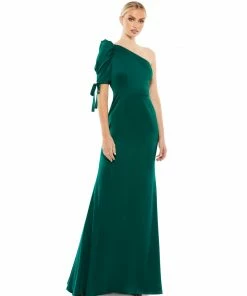 Ieena For Mac Duggal Satin One Shoulder Puff Sleeve Trumpet Gown