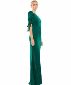 Ieena For Mac Duggal Satin One Shoulder Puff Sleeve Trumpet Gown