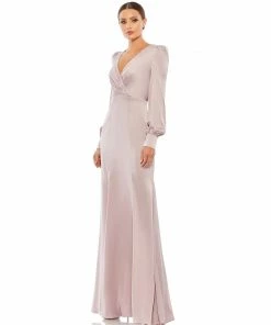 Ieena For Mac Duggal Satin Ruched Bishop Sleeve Gown Shop For